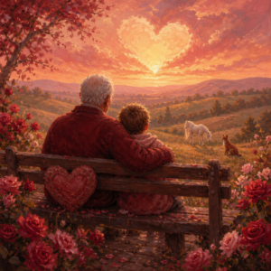 A grandfather and grandchild on a bench at sunset, watching a fox and a horse in the countryside.