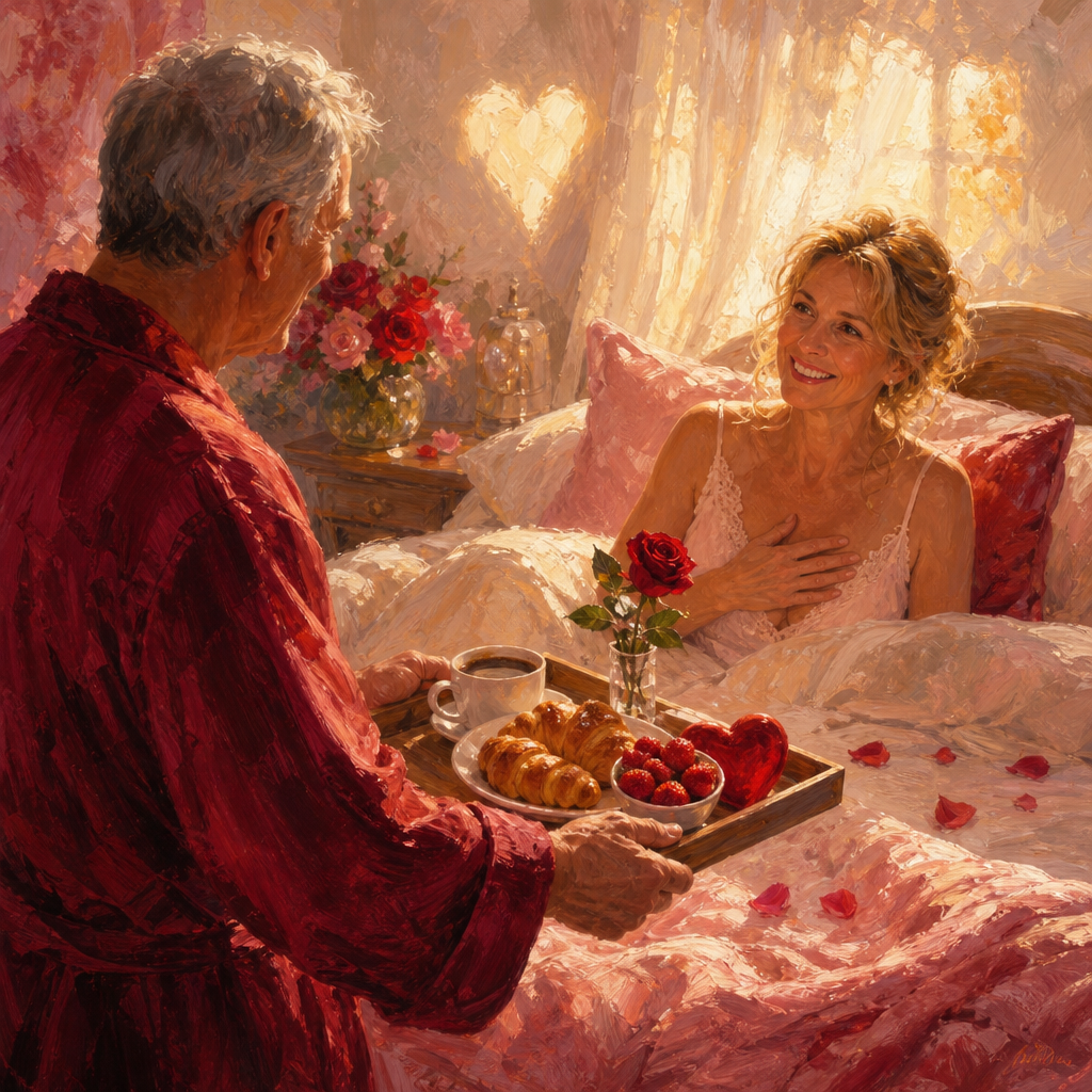 An older man brings a breakfast tray with coffee and a rose to his smiling wife in a sunny bedroom.