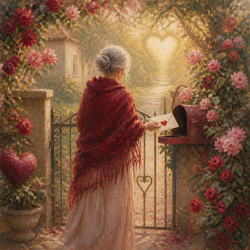 An older woman placing an envelope with a heart seal into a rose-covered mailbox.