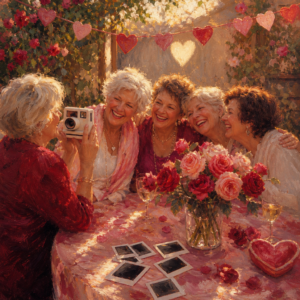 Friends laugh on a sunny patio as one snaps a group photo with an instant camera.