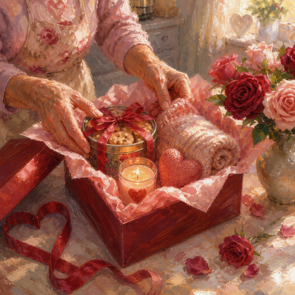 Hands packing cookies, a candle, and a blanket into a gift box with pink tissue.