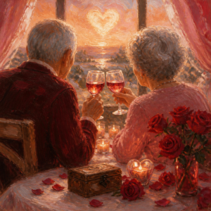 An elderly couple toasts their anniversary at a candlelit table with roses and a wooden keepsake box.