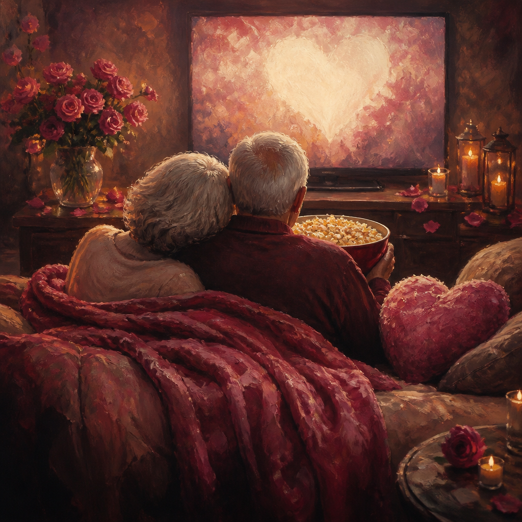 An older couple shares popcorn under a blanket during a cozy movie night.