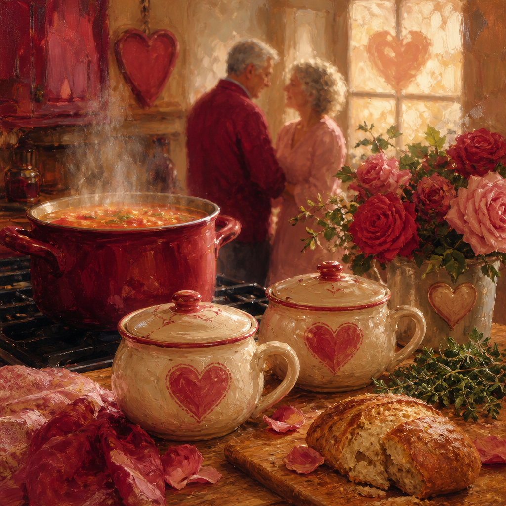 A steaming pot of soup on the stove with soup mugs and crusty bread on the counter.