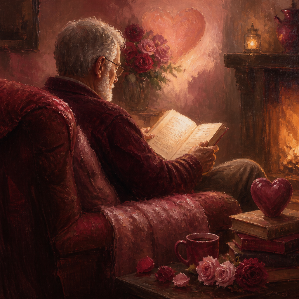 An older man reading in a cozy armchair by a soft warm light in the evening.