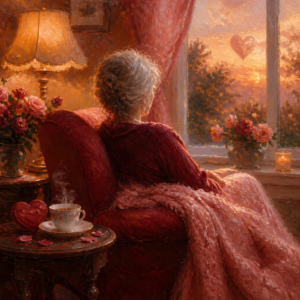 An older woman relaxing in an armchair with a soft throw blanket and a cup of tea by lamplight.