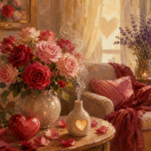 A sunlit room with fresh roses, lavender and a gentle mist from a small diffuser.