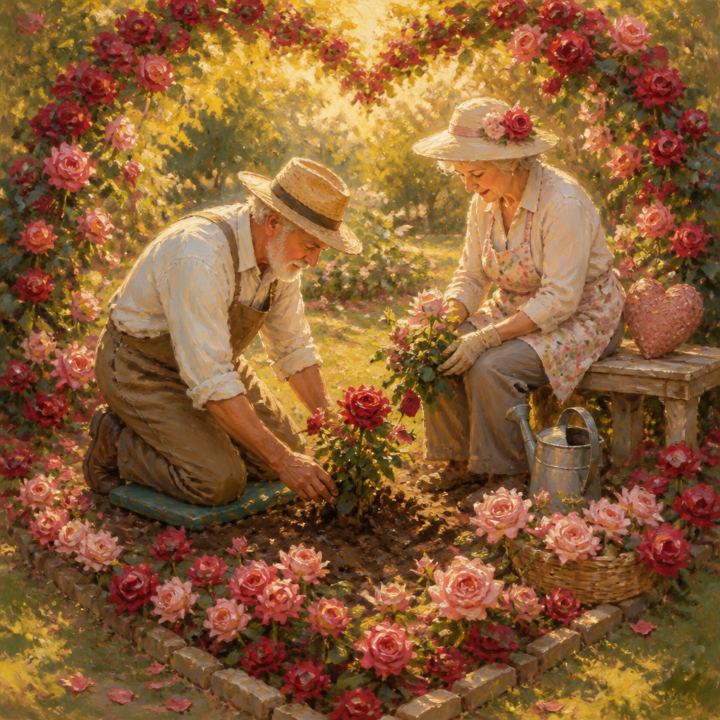 An older couple in sun hats plants roses together in a sunny garden bed.
