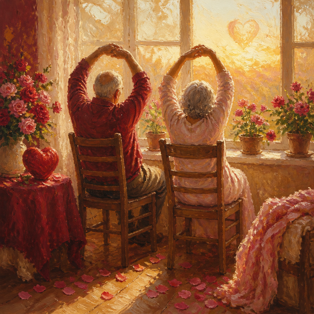 An older couple seated side by side, gently stretching their arms overhead in morning light.