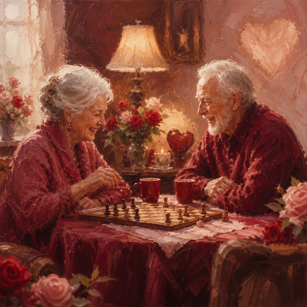 An older couple laughs over a board game with two matching red mugs in warm lamplight.