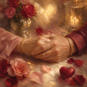 An older couple holds hands, each wearing a matching bracelet, among scattered rose petals.