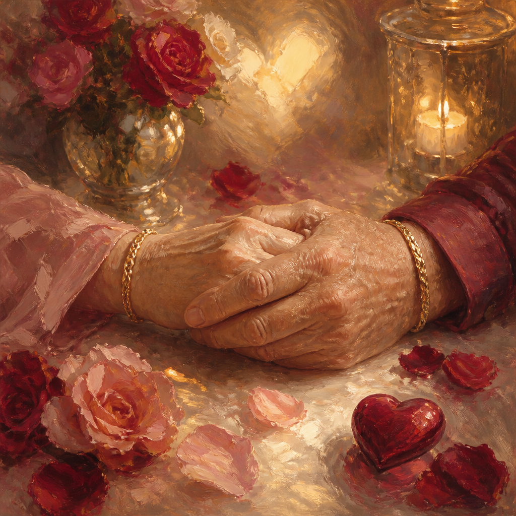 An older couple holds hands, each wearing a matching bracelet, among scattered rose petals.