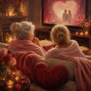 Friends share popcorn under blankets on a sofa during a cozy movie night.