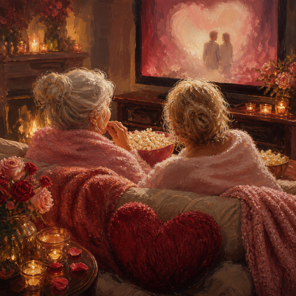 Friends share popcorn under blankets on a sofa during a cozy movie night.