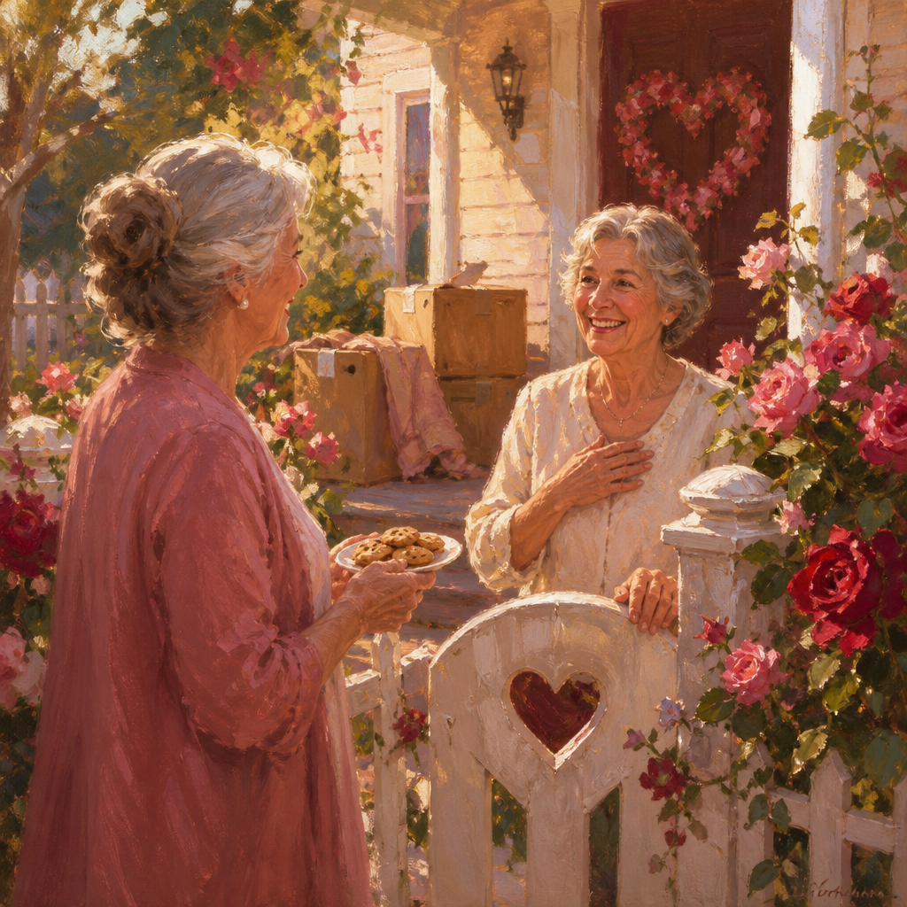 Two neighbors smile as they meet at a rose-covered garden gate after a move.