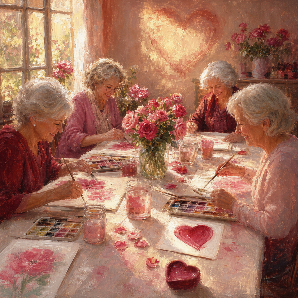 Friends paint watercolor flowers together at a sunny table by a window.