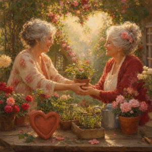 Two friends trade potted seedlings at a garden potting table surrounded by roses.