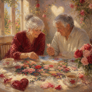 Two neighbors happily work on a flower garden jigsaw puzzle at a sunny table.