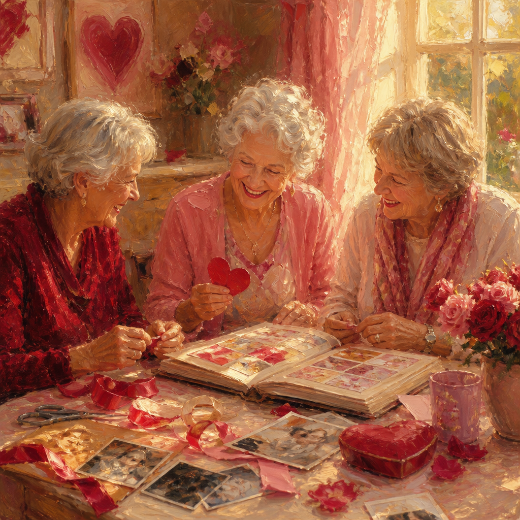 Three friends laugh while making a scrapbook around a sunny craft table.