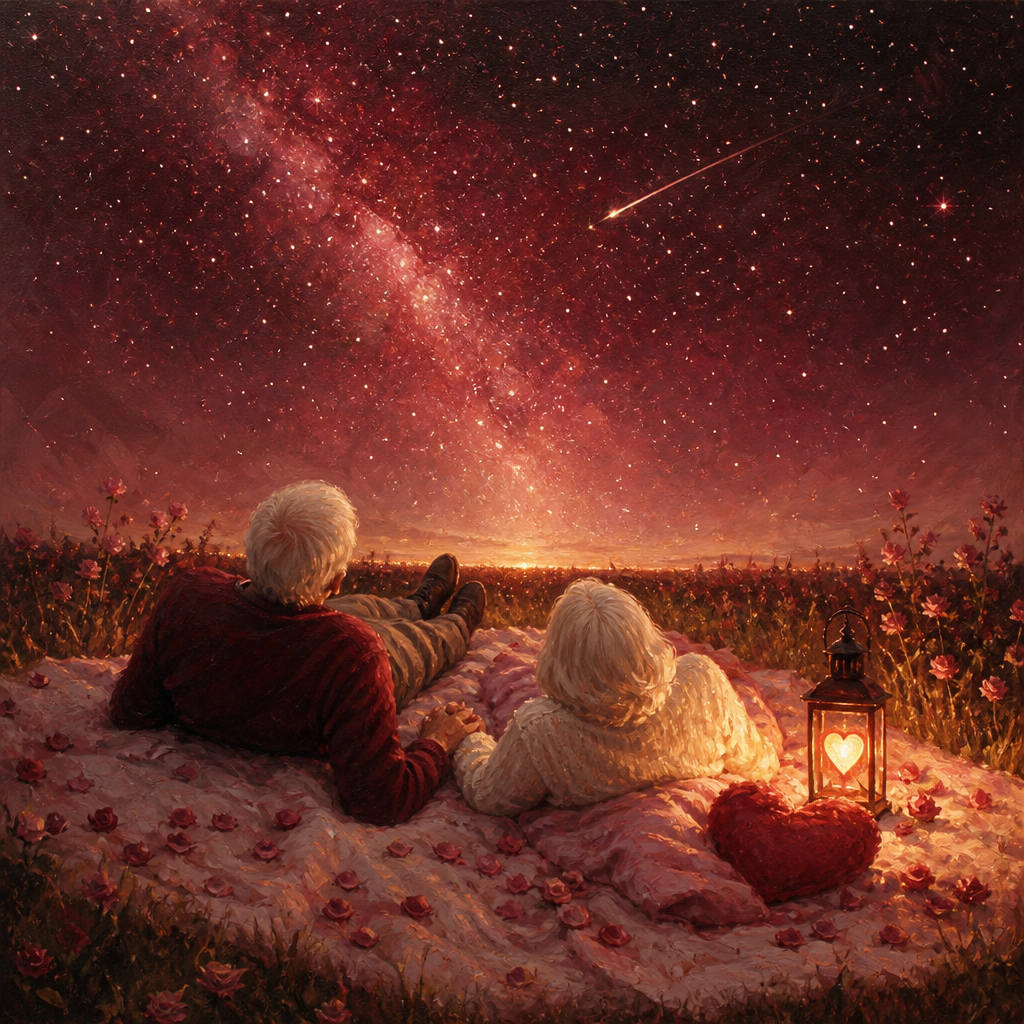 An older couple lies on a blanket in a field, holding hands under a starry night sky.