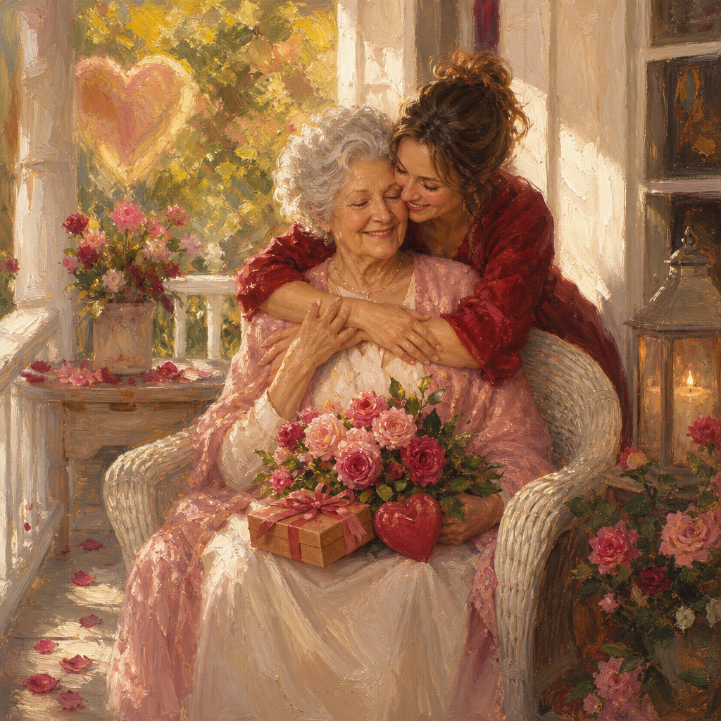 An adult daughter hugs her smiling mother on a sunny porch with pink roses and a gift.