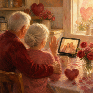 An older couple waves to family on a tablet video call at their kitchen table.
