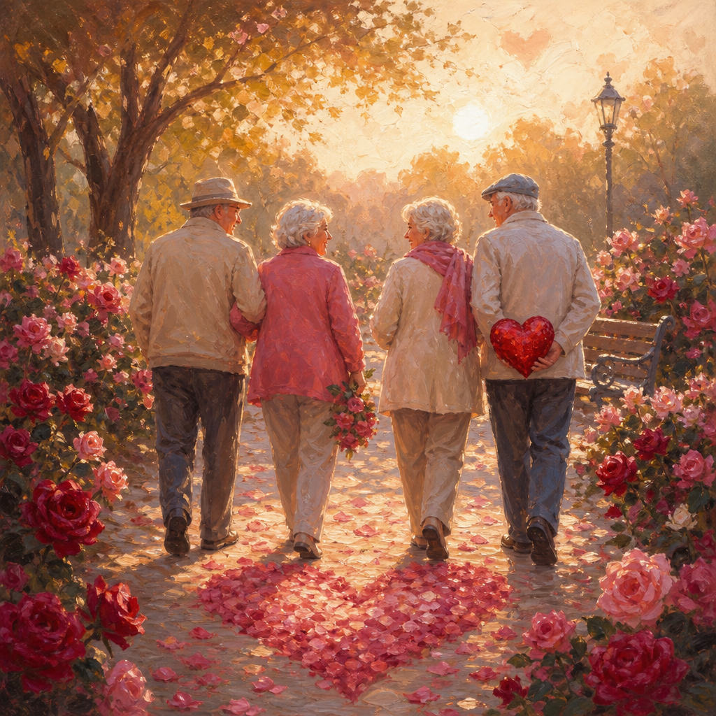 Older friends stroll together along a rose-lined park path at sunrise.