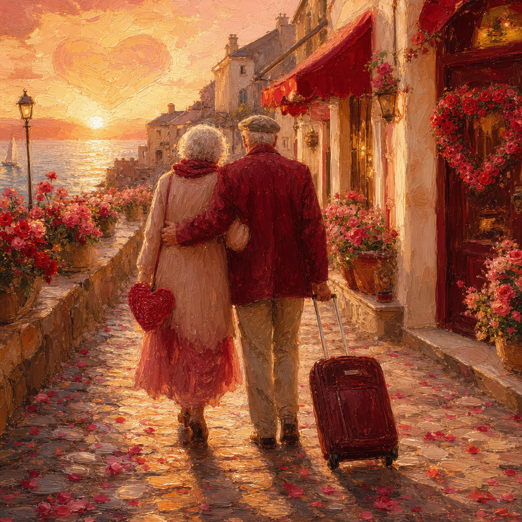 An older couple walks arm in arm through a charming seaside town with a small suitcase.