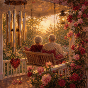 Wind chimes swaying on a sunny porch while an older couple relaxes on a porch swing.