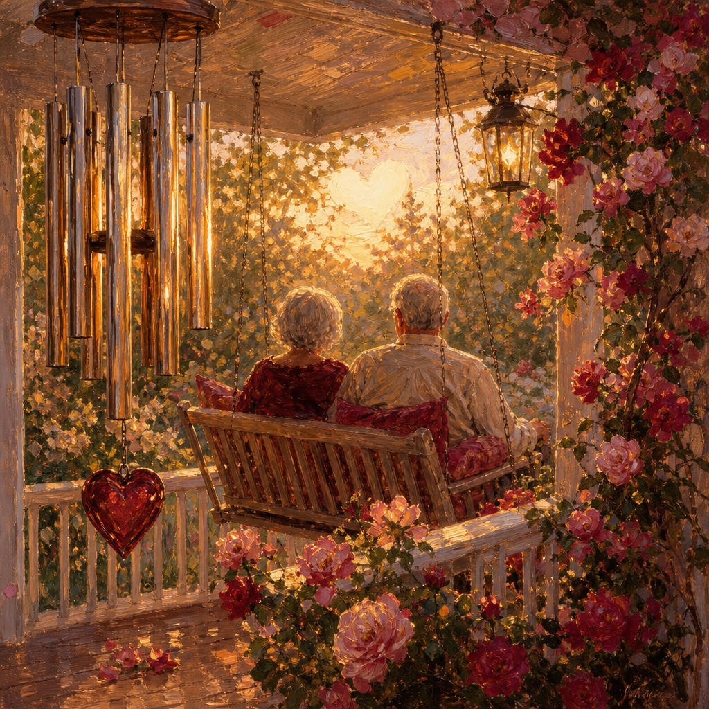Wind chimes swaying on a sunny porch while an older couple relaxes on a porch swing.